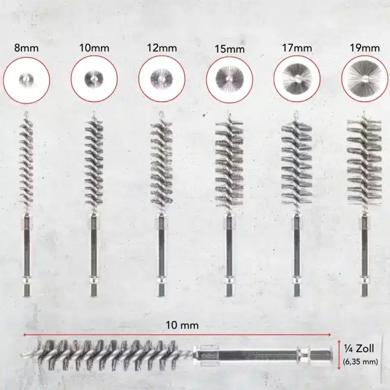 Eine Reihe von Schrauben mit verschiedenen Durchmessern von 8 mm bis 19 mm, angeordnet auf einem grauen Hintergrund.