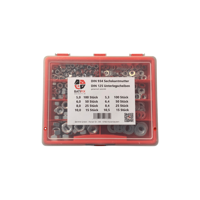 DIN 934 Sechskantmuttern DIN 125 Unterlegscheiben rote Mix-Box BATIFIX M5 M6 M8 M10