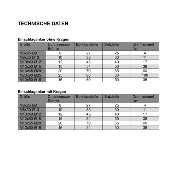 einschlaganker technische daten