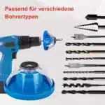 Bohrstaubfänger in blauer Farbe, passend für verschiedene Bohrertypen, mit einer Bohrmaschine und mehreren Bohrern.