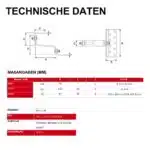 Technische Daten für einen dreifach verstellbaren Dachhaken aus Edelstahl.