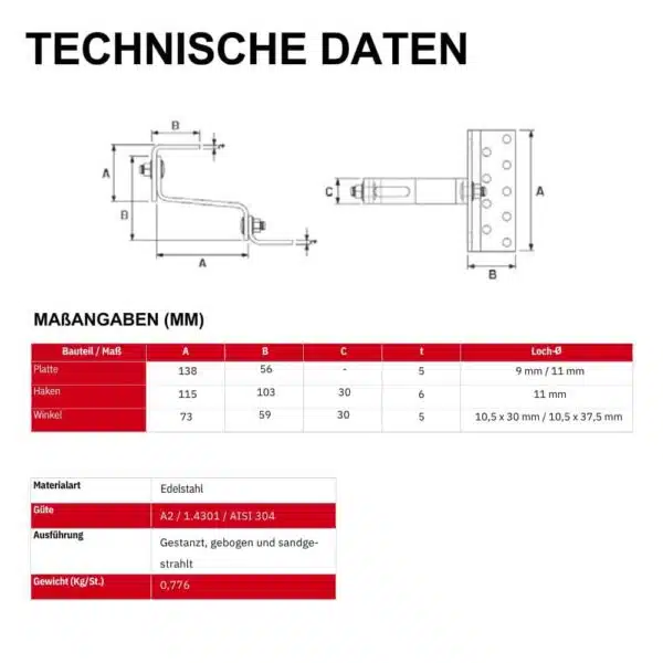 technische daten für einen dreifach verstellbaren dachhaken aus edelstahl.