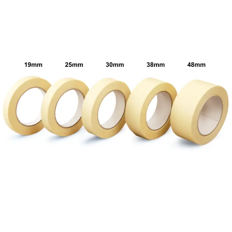 Kreppbandrollen in verschiedenen Breiten von 19mm bis 48mm auf einem weißen Hintergrund.