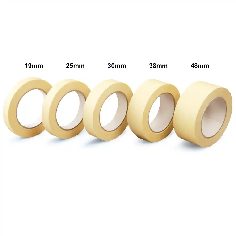 Kreppbandrollen in verschiedenen Breiten von 19mm bis 48mm auf einem weißen Hintergrund.