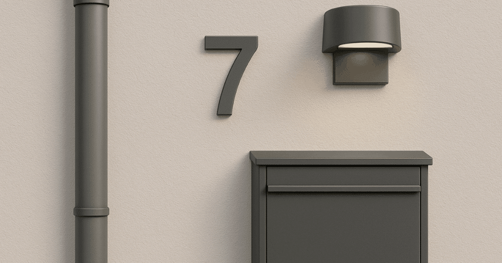 Hausnummer 7 an einer Wand, begleitet von einem modernen Briefkasten und einer Wandlampe.