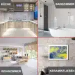 Verschiedene Wohnräume einschließlich Küche, Badezimmer, Wohnzimmer und Keramikfliesen in einem quadratischen Layout.