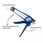 Skelettpistole aus blau lackiertem Stahl mit ergonomischem Griff und leistungsstarkem Kolben.